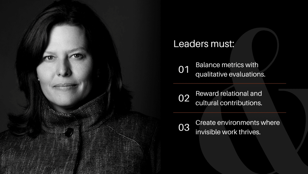 Leadership advice graphic highlighting that leaders must balance metrics with qualitative evaluations, reward cultural contributions.