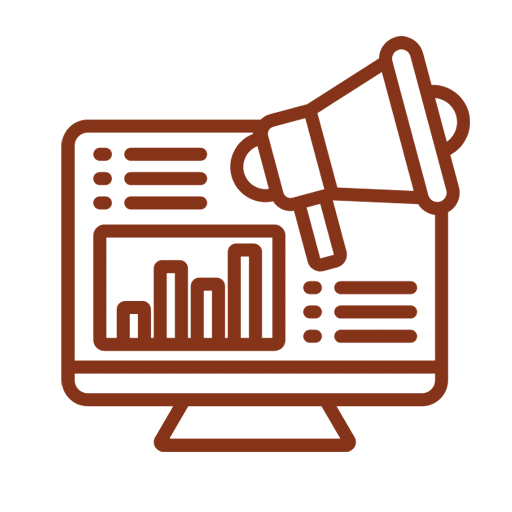 Line art megaphone, computer with graphs