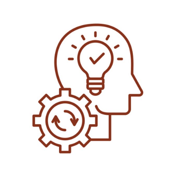 An icon of a head with a lit lightbulb and a gear, representing an innovative idea or problem-solving.