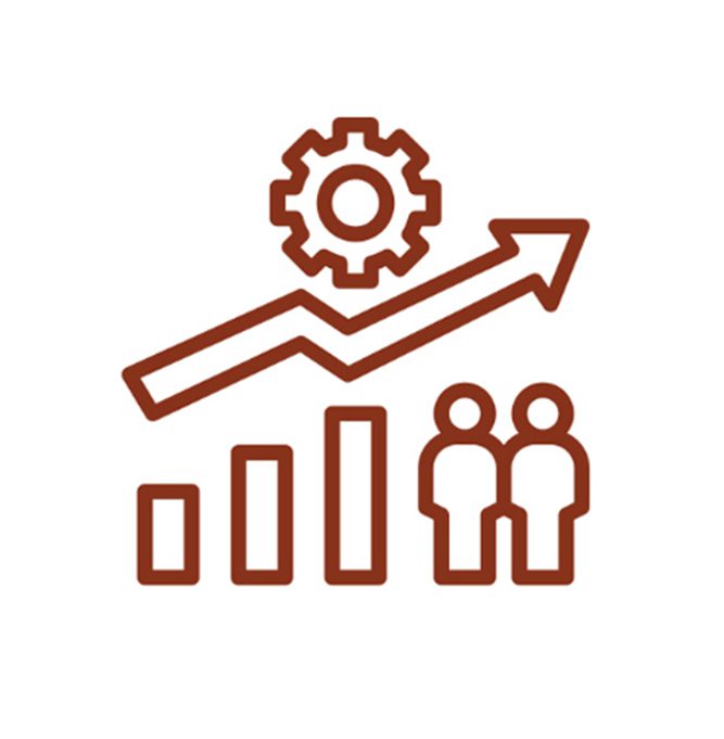 An icon with a rising arrow and a gear above a bar chart and two person icons, representing business growth or team productivity.