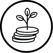 Line-art icon of a plant growing out of a stack of coins.