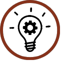 Innovation: An icon of a lit lightbulb with a gear inside.