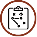 Line-art icon of a strategic plan or tactical moves on a clipboard.