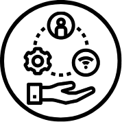 Line-art icon of a hand holding a person, gear, and Wi-Fi symbol, representing a holistic approach.