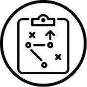 Line-art icon of a strategic plan or tactical moves on a clipboard.