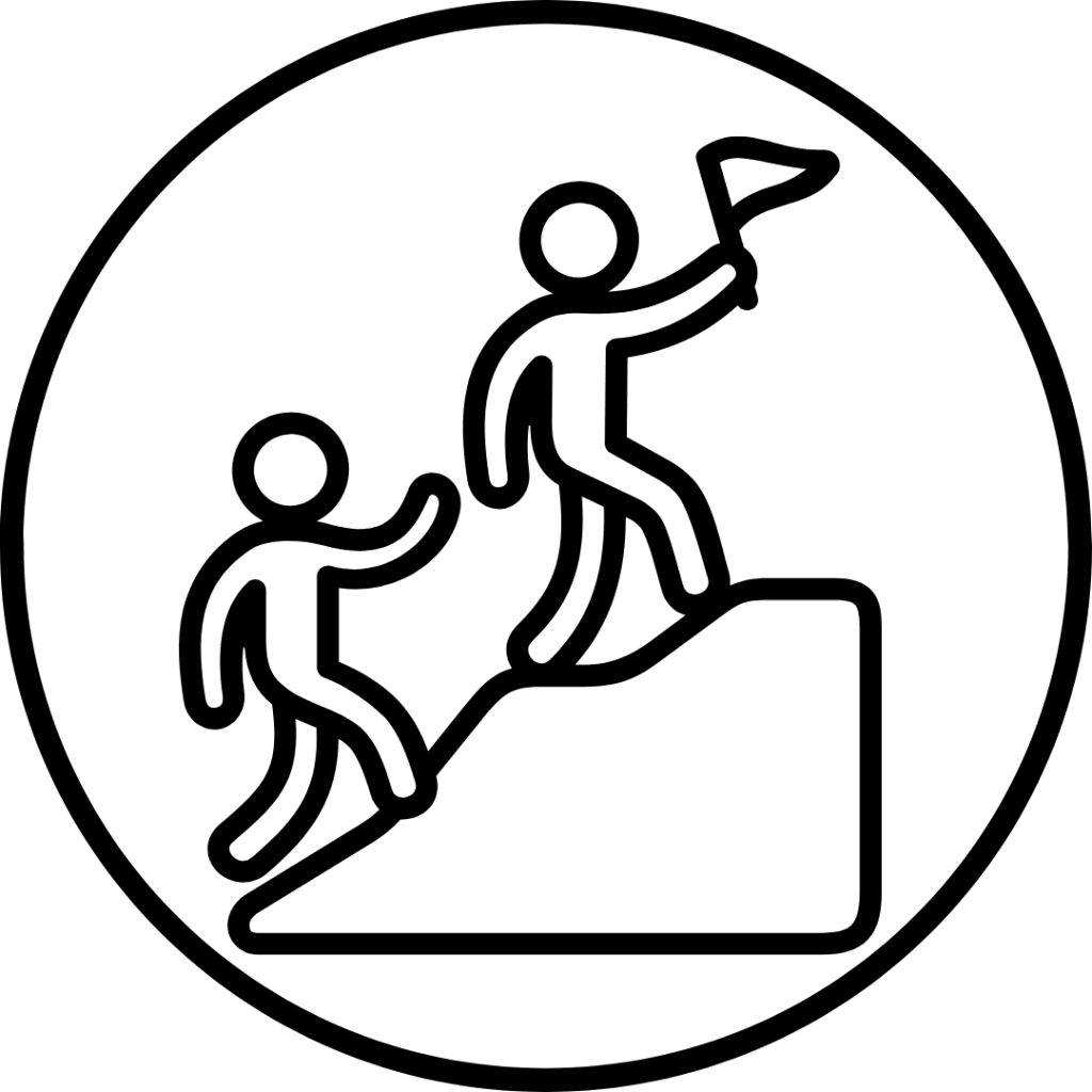 Line-art icon of a leader helping a team member climb a hill to reach a flag.
