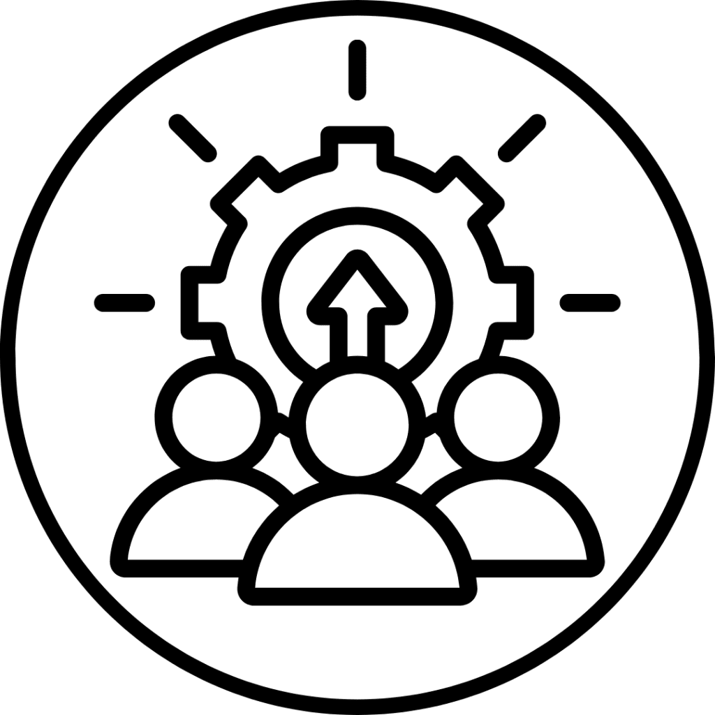 Line-art icon of a team with a gear and an upward arrow, symbolizing team growth and efficiency.