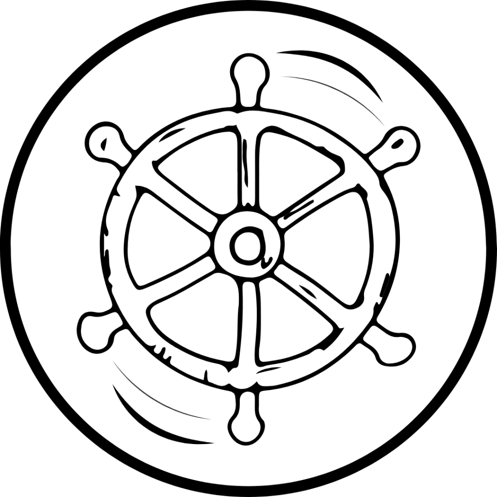 Line-art icon of a ship's steering wheel, representing leadership and direction.