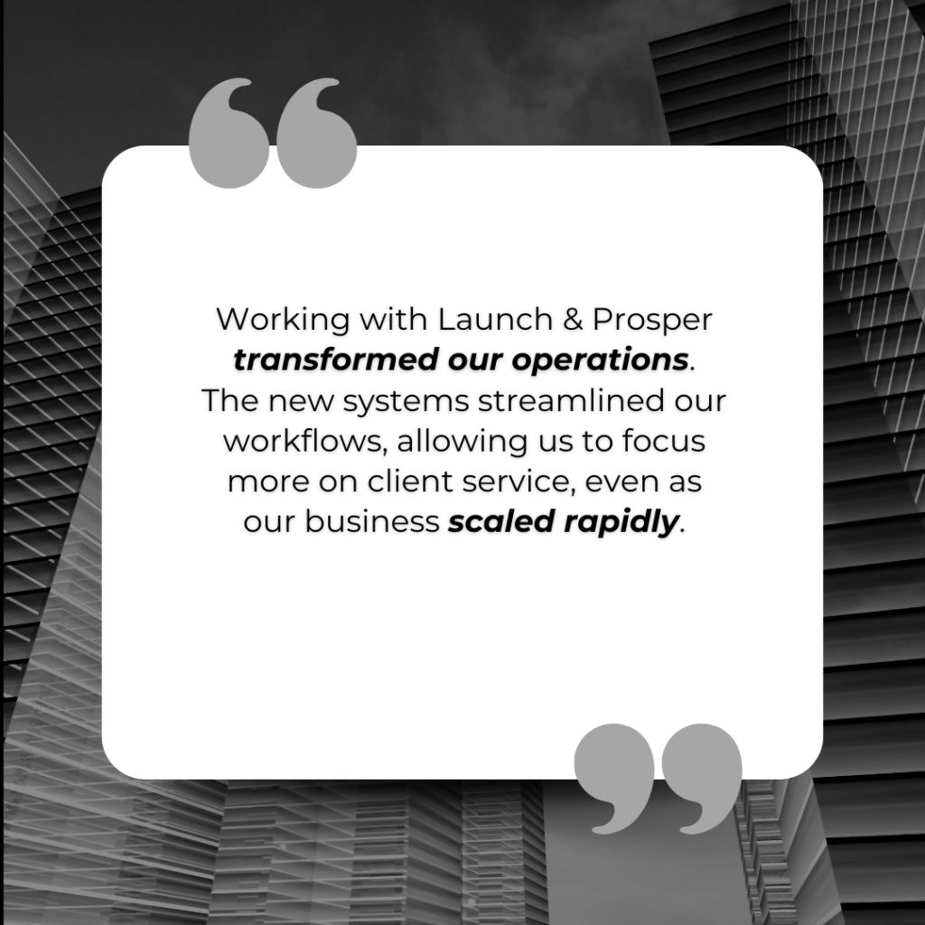 A testimonial quote on a white speech bubble against a gray city building background.