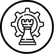 A line-art icon of a chess rook inside a gear, representing strategy.