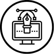 A line-art icon of a pen tool over a computer screen, representing graphic design.