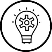 A black and white line-art icon inside a circle showing a lightbulb with a gear inside it, representing innovation and strategy.