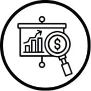 Line-art icon financial analysis with a rising graph and a magnifying glass with a dollar sign.