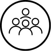 A line-art icon of a group of people, with a leader figure above a team of three.