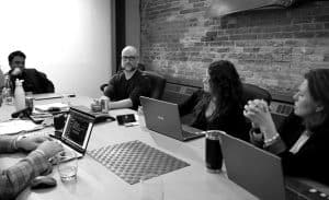 Business team collaborating during a meeting in a modern office